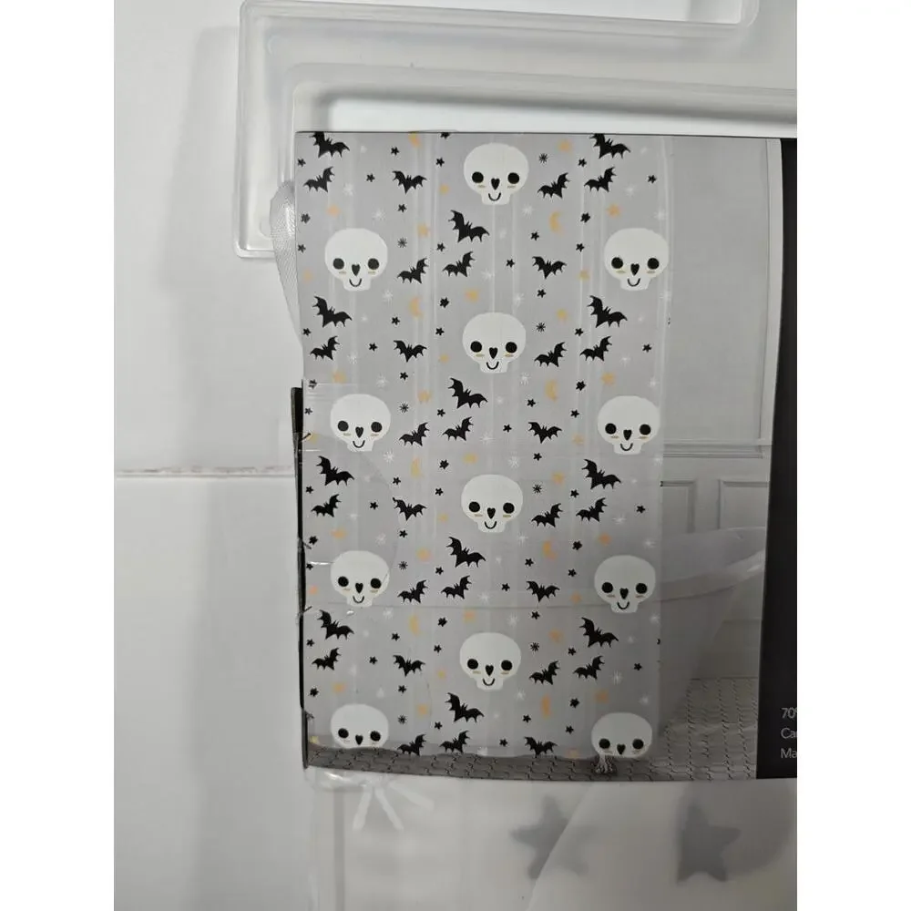 Happy Halloween Shower Curtain Eco Peva 70”x 72” Bats Skulls Stars Moon NWT